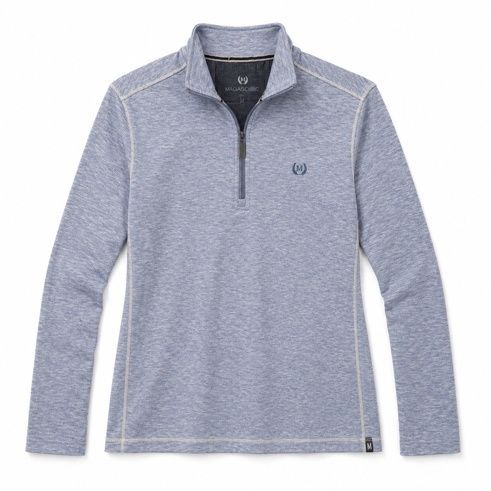 Magaschoni Mens Quarter Zip Pullover Sweater Size S Blue Heathered Knit Polo Lux